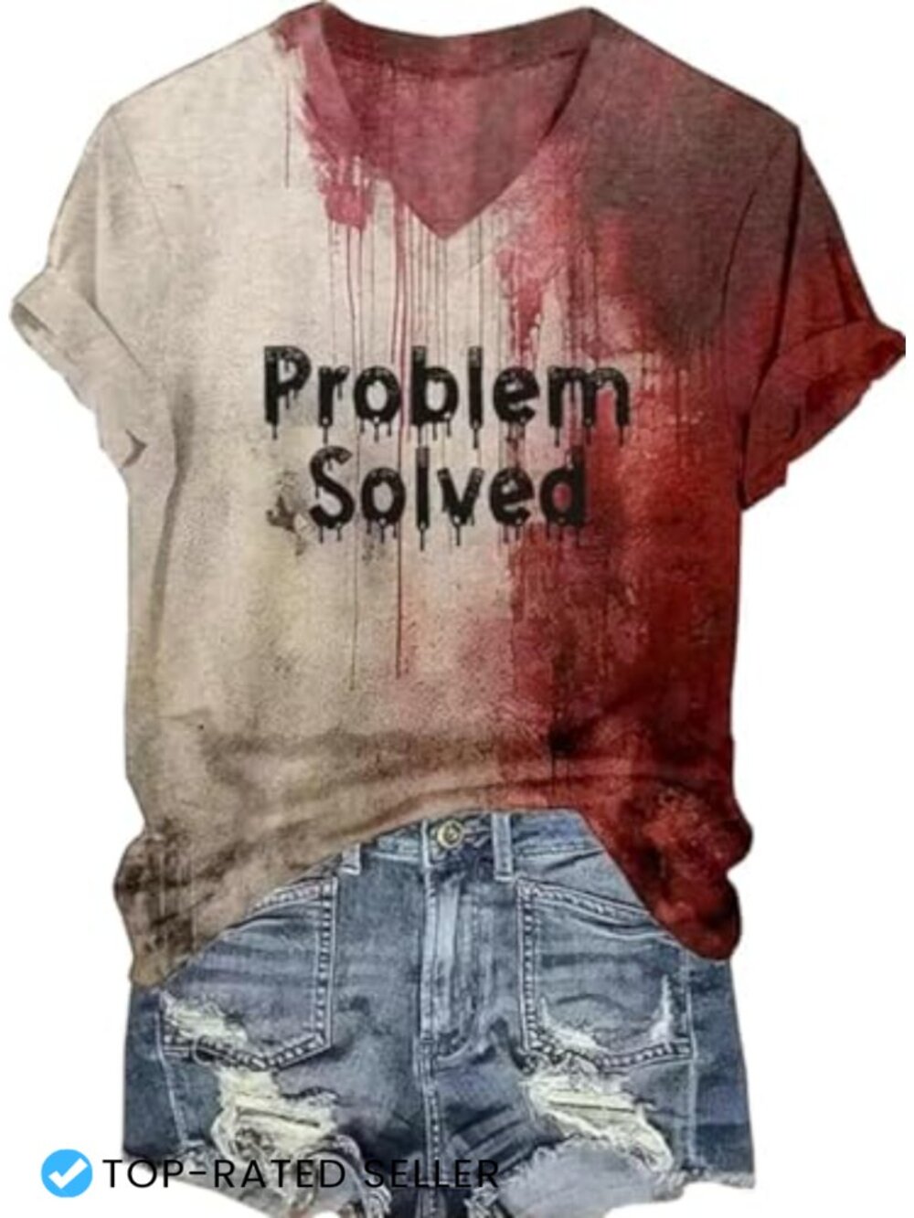 Women's Halloween Funny Horror Graphic Tee Short Sleeve V-Neck Problem Solved
